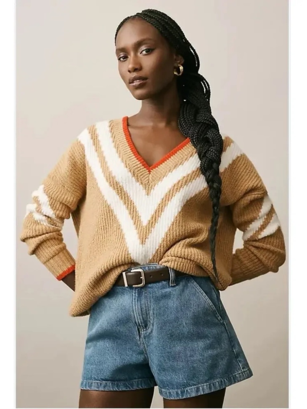 Anthropologie Maeve Slouchy Plunging V-Neck Pullover Sweater Tan Size Small